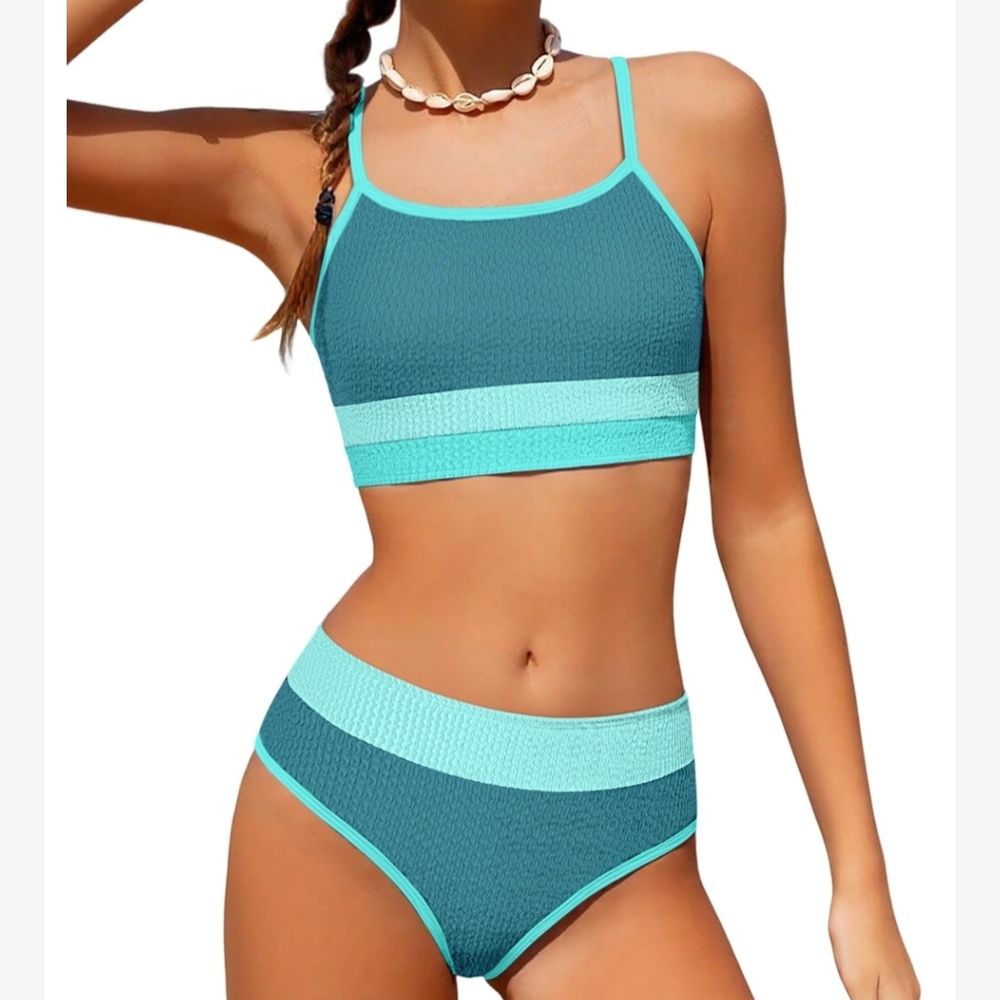 Chic Trendy Teal and Light Blue Bikini Set - Girls Size 15/16 Swimwear